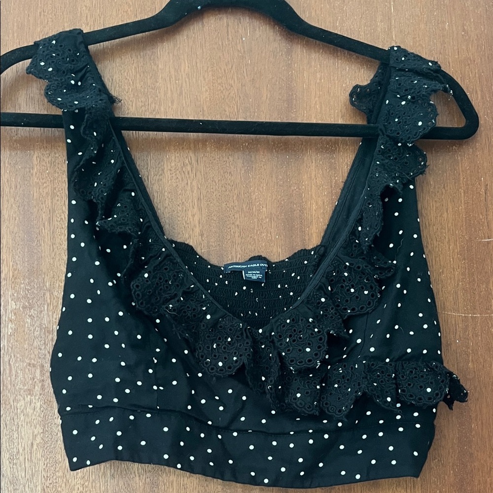 American Eagle Outfitters Black Textured Top with White Dots